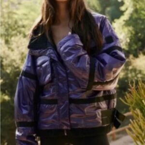 Free People Movement Vagabond Fleece Purple Black Oversized Bomber Jacket Size L